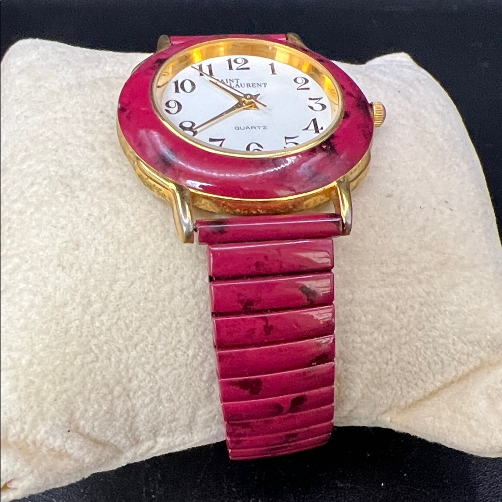 Saint Laurent Red Marble Dial Watch with Gold Case and 6.5” Red Strap - Picture 4 of 9